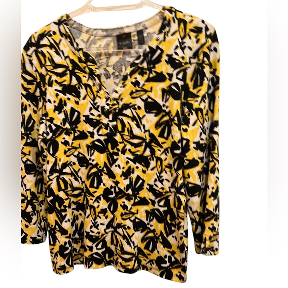 Rafaella Printed Knit V-Neck Cotton Top Size L